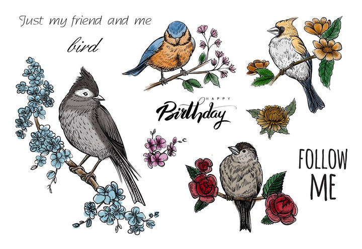 Birds Flowers Birthday Clear Stamps for Card Making Scrapbooking and Words Transparent Stamps Silicone Stamps Photo Album Decor Decoration and DIY Scrapbooking