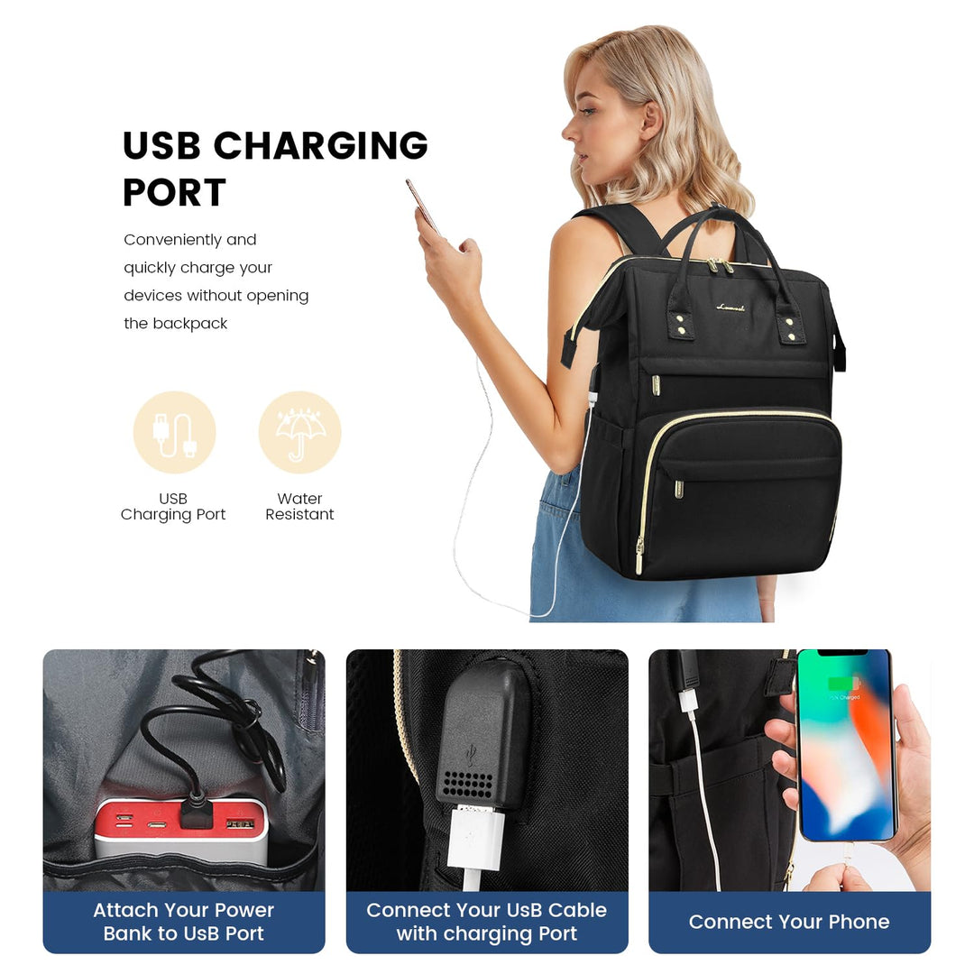17 inch Laptop Backpack Women, Large Travel Computer Back Pack with USB Charging Port, Anti Theft Backpack for Women Teacher Nurse Work, College Business, Black