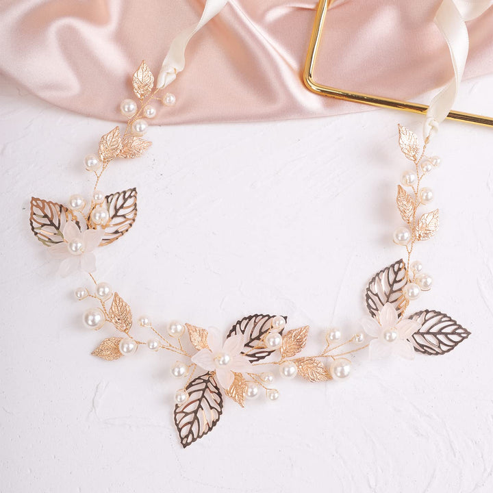 White Flower Headband for Wedding Brides Bridesmaid Flower and Leaf Hair Vine for Women and Girls Bridal Shower Hair Jewelry (Gold)