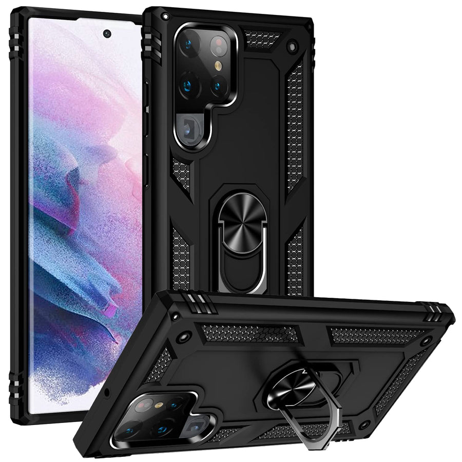 Military Grade Drop Impact for Samsung Galaxy S22 Ultra Case Galaxy S22 Ultra 5G Case 360 Metal Rotating Ring Kickstand Holder Armor Heavy Duty Shockproof Case for Galaxy S22 Ultra Phone Case (Black)