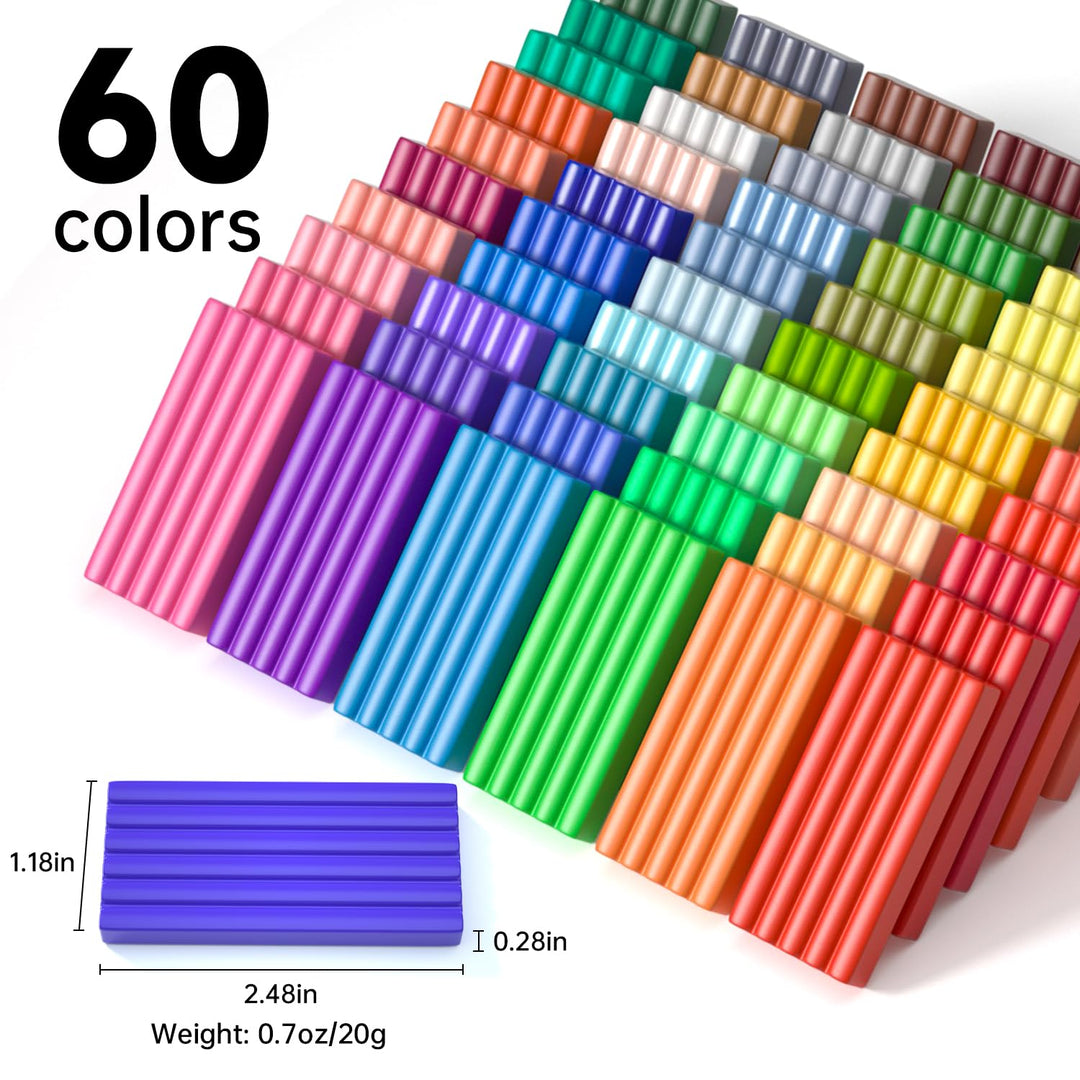 Polymer Clay, 60 Colors Oven Bake Modeling Clay, Creative Clay Kit with 19 Clay Tools and 16 Kinds of Accessories, Non-Toxic, Non-Sticky, Ideal DIY Art Craft Clay Gift for Kids Adults
