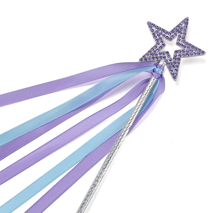 Lavender Crystal Metal Star Fairy Wand with Blue Ribbon for Girls Halloween Decorations