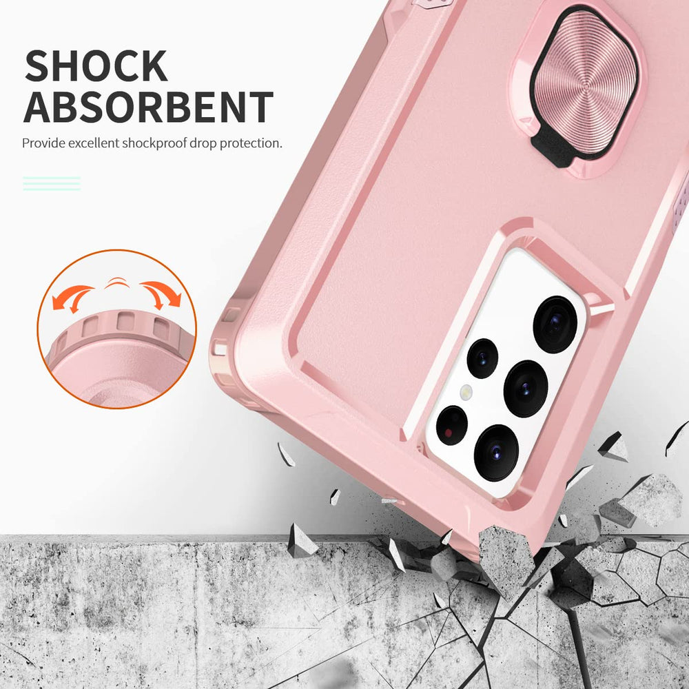 for Galaxy S22 Ultra Case Heavy Duty Full Body Shockproof Kickstand with 360°Ring Holder Support Car Mount Hybrid Bumper Silicone Hard Back Cover for Samsung S22 Ultra 6.8 Rose Gold