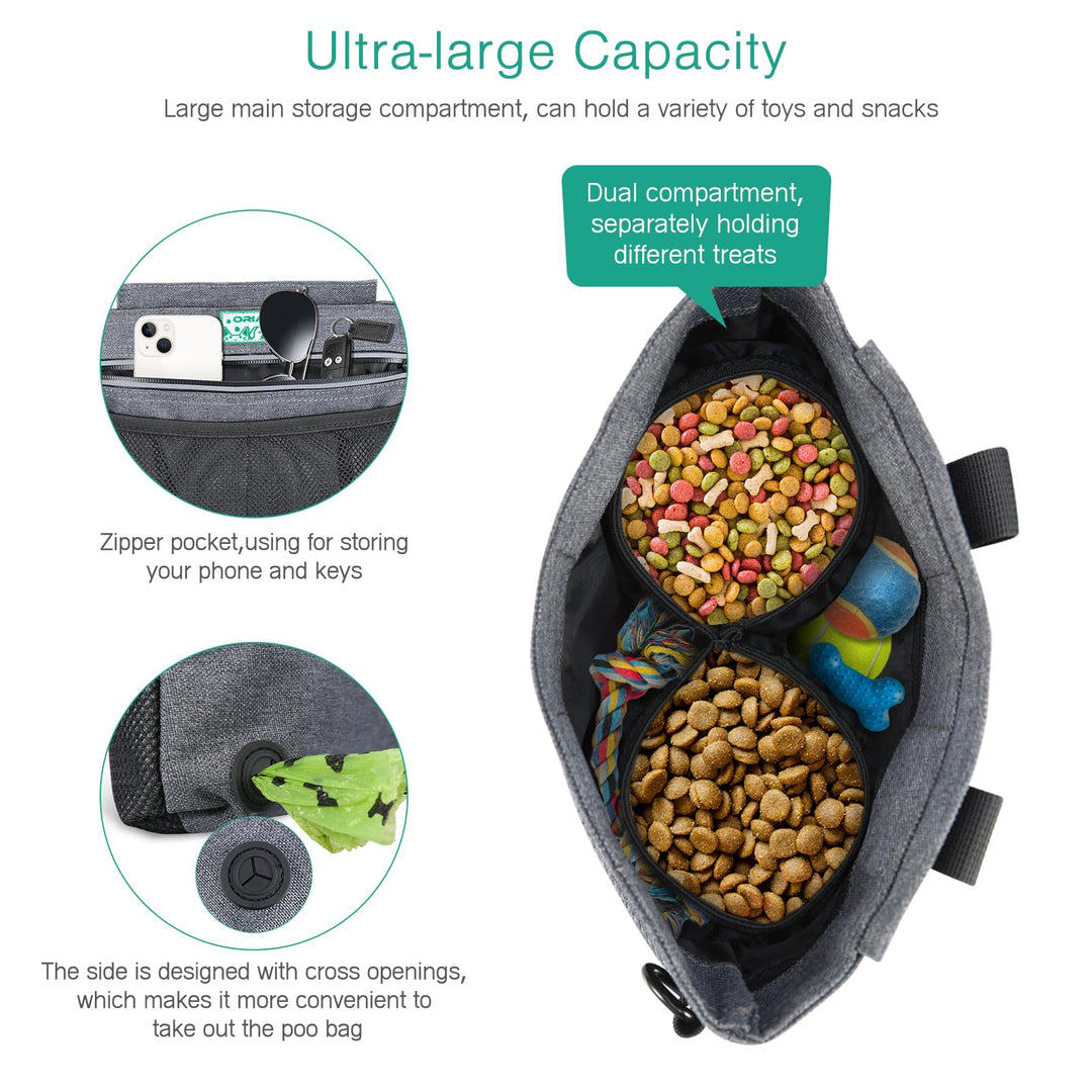 Dog Treat Training Pouch, Pet Out Training Belt Bag, Dog Food Bag with Removable Inner Pocket, Built-in Poop Bag Dispenser, Dog Training Bag, Gray
