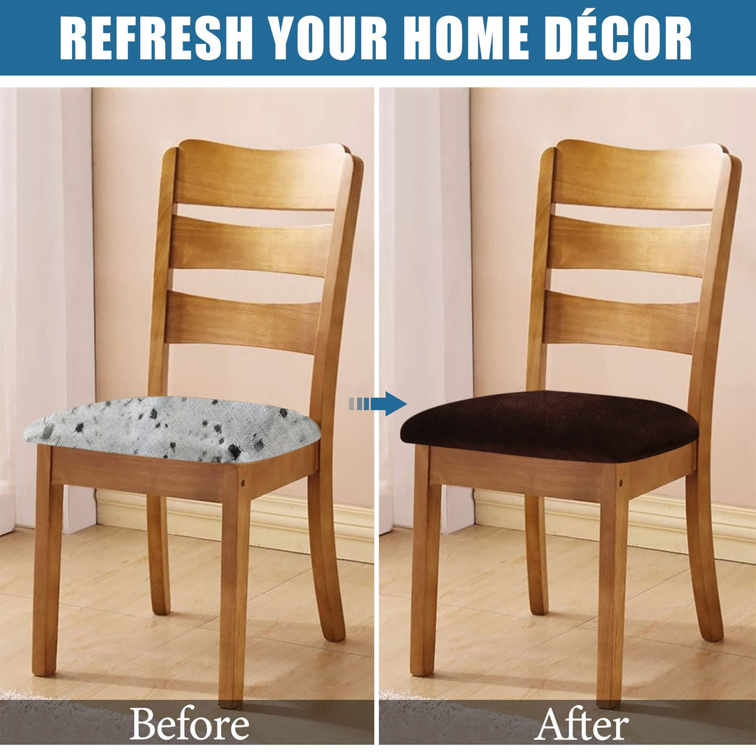 Velvet Seat Covers for Dining Room Chair Set of 6, Stretch Fit Removable Washable Chair Seat Cushion Protector Slipcovers with Ties, Coffee