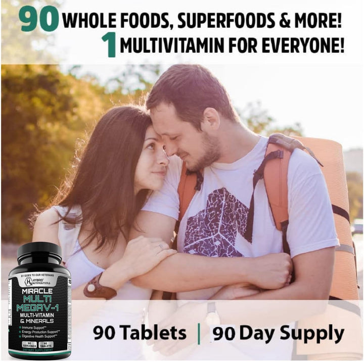 MEGAV-1 Multi-Vitamin, Superfood & Minerals - Daily Multivitamin with Probiotics, Digestive Enzyme, Mushroom Complex for Heart Health, Immune Support, Energy & Stamina - 90 Tablets
