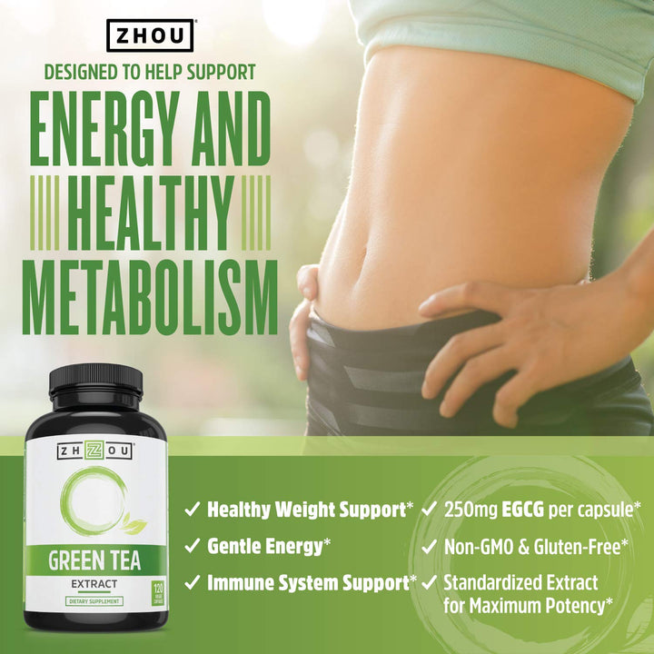 Zhou Nutrition Green Tea Extract Supplement - Green Tea & ECGC for Women & Men, Clean Caffeine Energy, Antioxidant Support, 500mg Per Serving - 120 Vegan Friendly Capsules