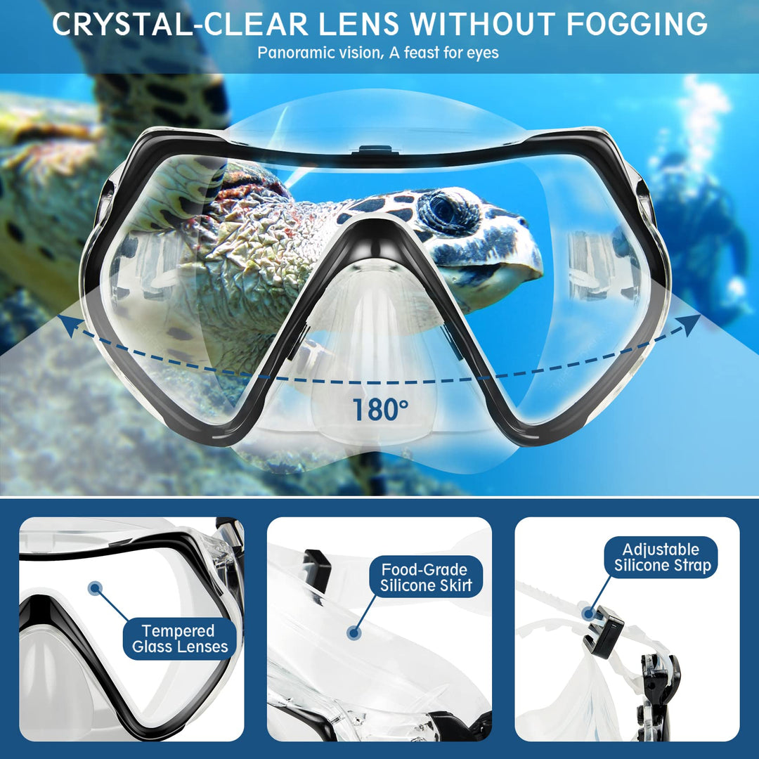 Mask Fin Snorkel Set with Adult Snorkeling Gear, Panoramic View Diving Mask, Trek Fin, Dry Top Snorkel +Travel Bags, Snorkel for Lap Swimming