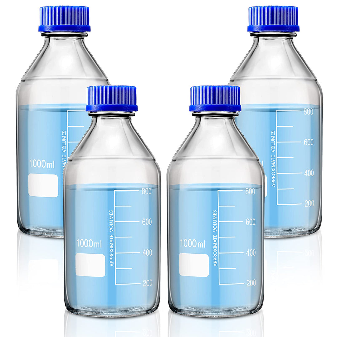4 Pieces 1000 ml Glass Round Media Storage Bottles Storage Glass Bottles Borosilicate Media Glass Bottles with GL45 Blue Screw Cap for Lab Water Reagent Liquids