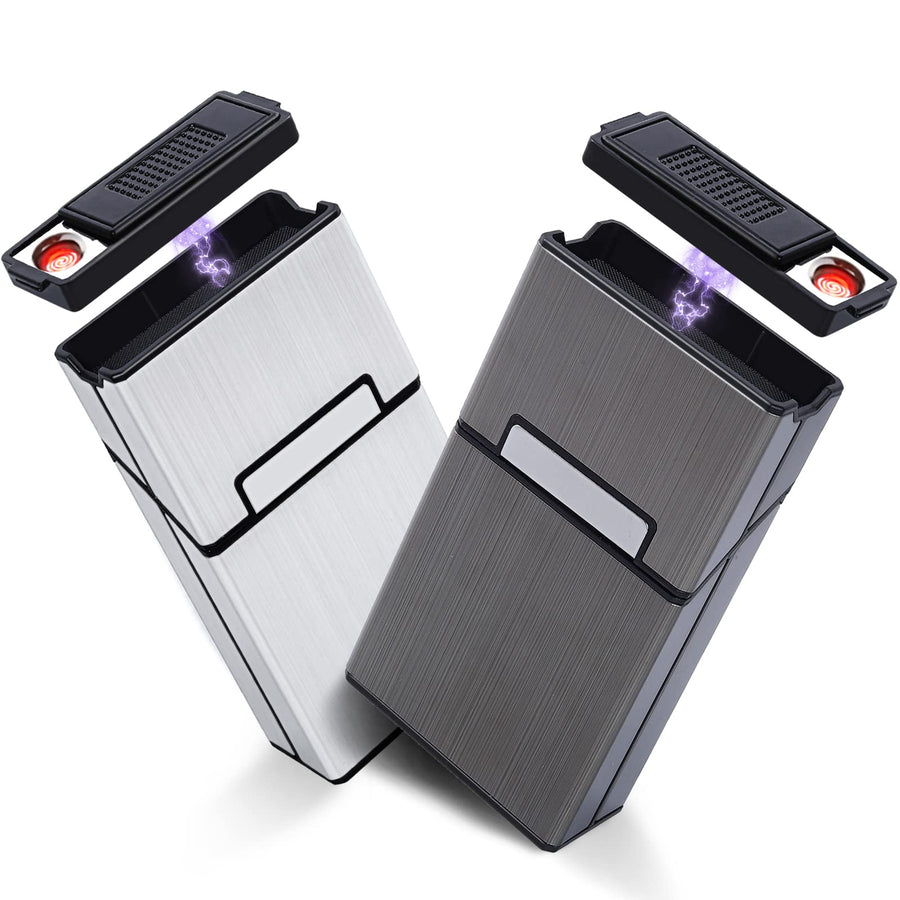 Cigarette Case Aluminum with Electric Lighter & Makeup Mirror for 20pcs Cigarettes 2 Pack (King Size / 84mm with Lighter)