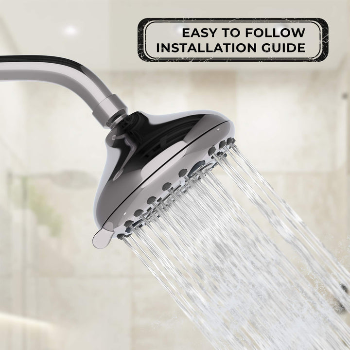 Fixed Shower Head 6 Spray Settings, 5 inch Anti-Clog Chrome Showerhead for Water Saving, Easy Tool Free Installation in Bathroom