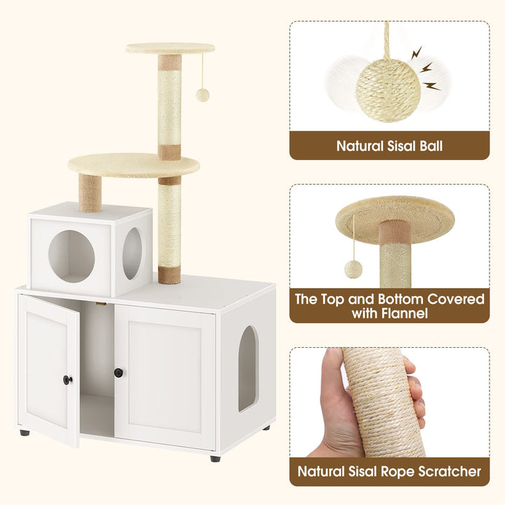 Cat Litter Box Enclosure, Large Litter Box Furniture with Cat Tree Tower and Condo, Cat House with Sisal Scratching Post and Soft Plush Perch, White