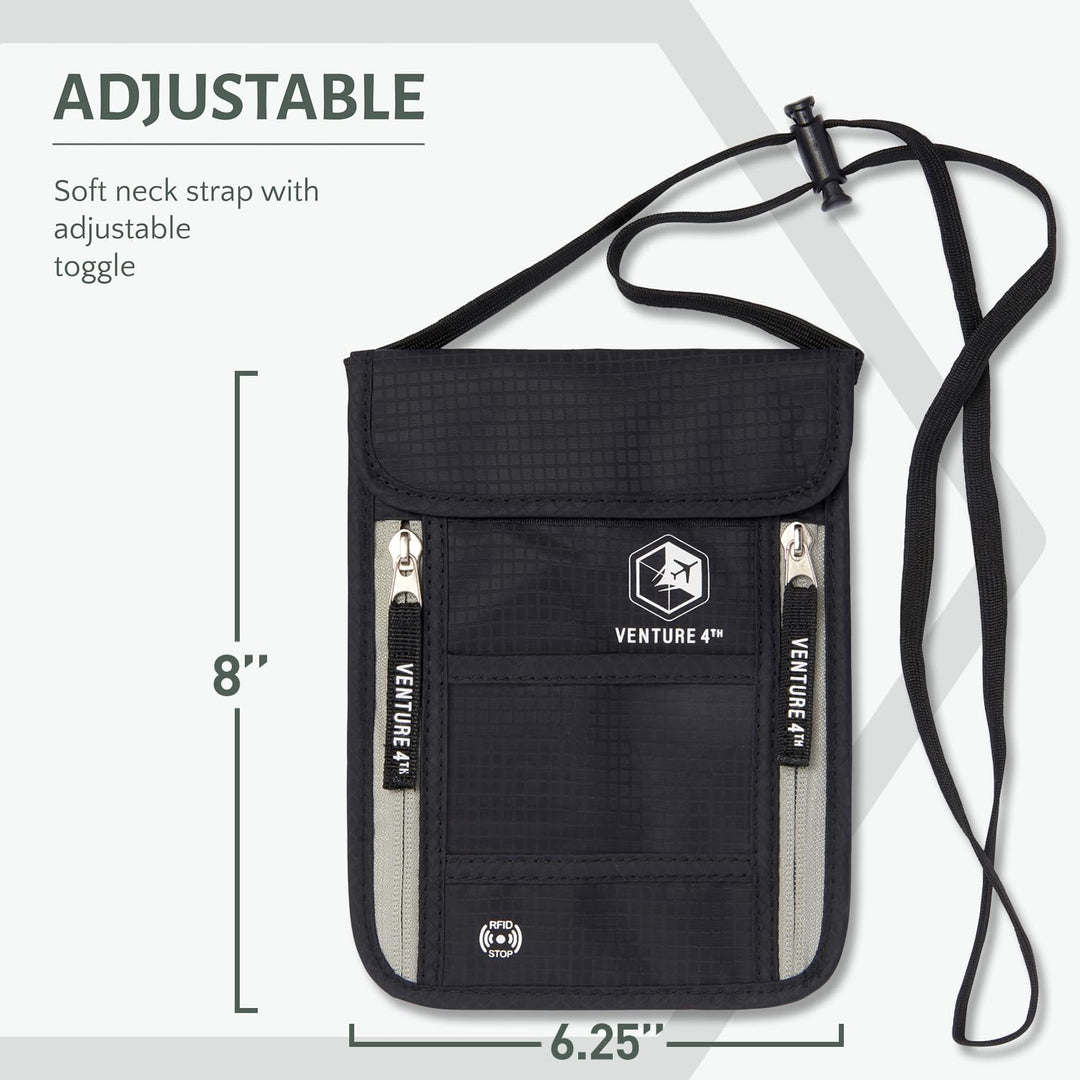 Passport Holder Neck Wallet with RFID Blocking Nylon Lining - Hidden Neck Pouch for Travel (Black)