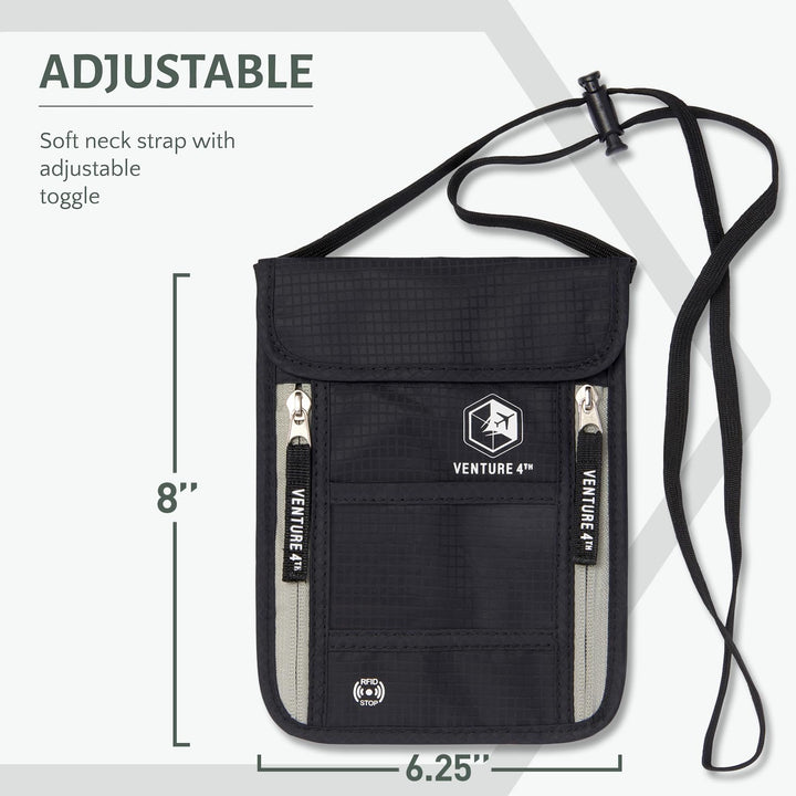 Passport Holder Neck Wallet with RFID Blocking Nylon Lining - Hidden Neck Pouch for Travel (Black)