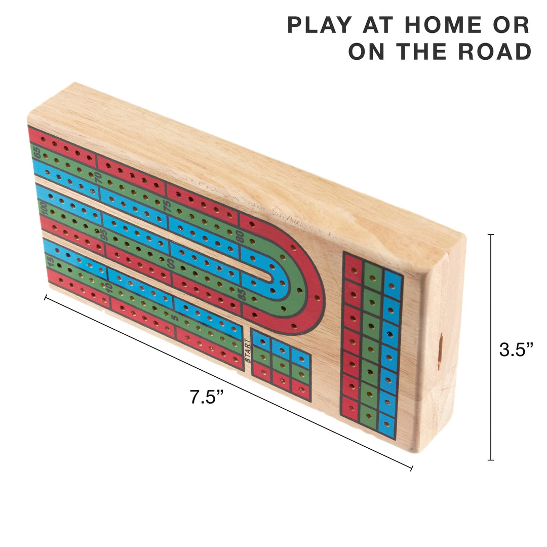 Cribbage Board Game Set - Traditional Wooden Board Game, Classic 3-Track Layout, Plastic Pegs - Standard Deck of Playing Cards Included - Folding Portable Storage