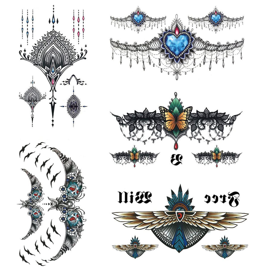 Large Tattoos Fake Temporary Jewelry Body Tattoos Art Stickers for Women Men Teens, 3D Realistic Girls Chest Temporary Tattoos, 5 Sheets, Water Transfer Body Tattoos
