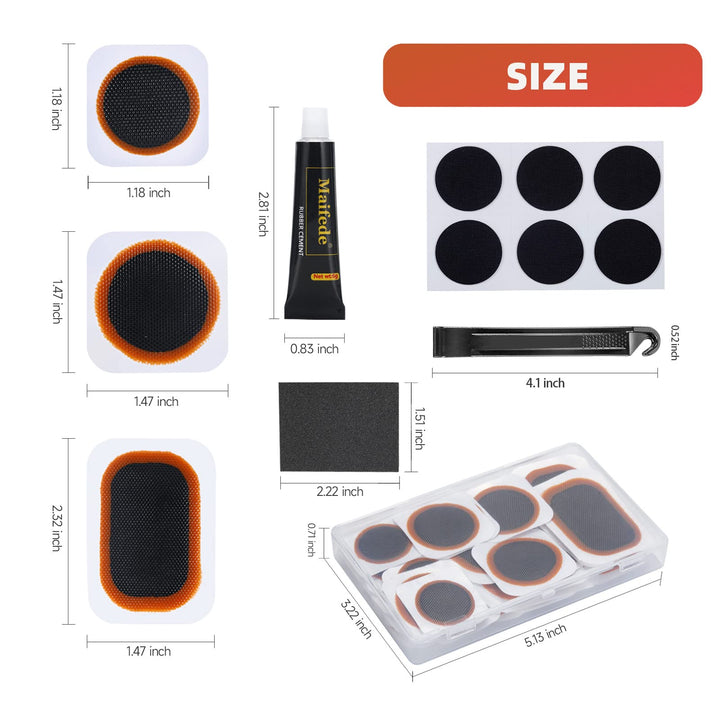 Bike Inner Tire Patch Repair Kit - with 11 PCS Vulcanizing Patches, 6 PCS Pre Glued Patchs, Portable Storage Box, Metal Rasp and Lever - Also for Motorcycle, BMX and Inflatable Rubber.
