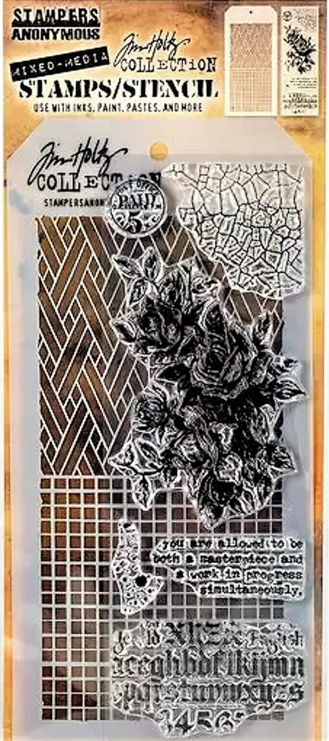 Stamper's Anonymous Tim Holtz Basketweave Checkerboard Vintage Roses Mixed Media Stamp and Stencil Set THMM119