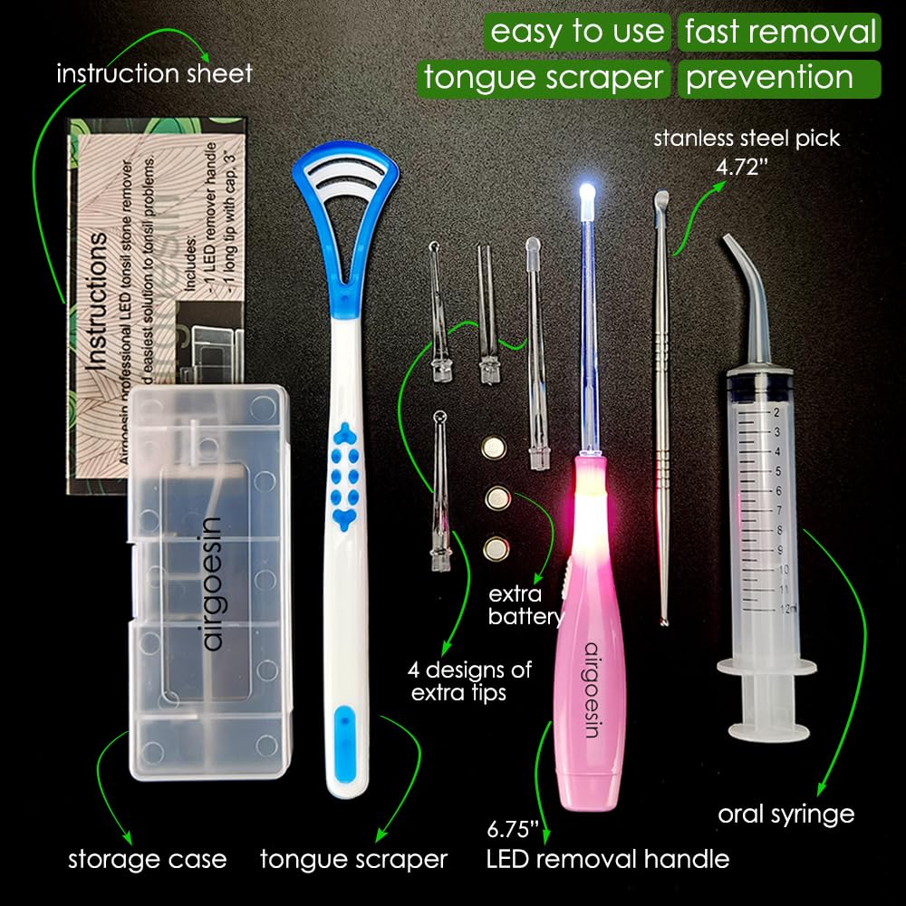 Airgoesin Professional Tonsil Stone Remover Tool LED Light (Pink) | Stainless Steel Tonsillolith Pick Oral Care | Irrigation Syringe | Tongue Cleaner Scraper