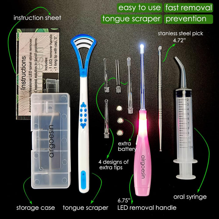 Airgoesin Professional Tonsil Stone Remover Tool LED Light (Pink) | Stainless Steel Tonsillolith Pick Oral Care | Irrigation Syringe | Tongue Cleaner Scraper