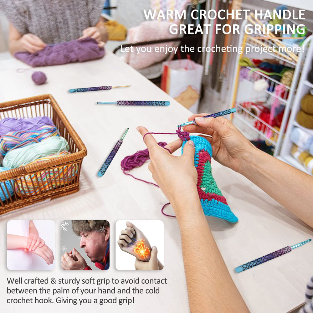 Warm Crochet Hooks, 9 Sizes 2.25 to 6.5mm Ergonomic Mermaid Extra Long Crochet Needles for Arthritic Crocheting Yarn Craft Set, Ideal Gift