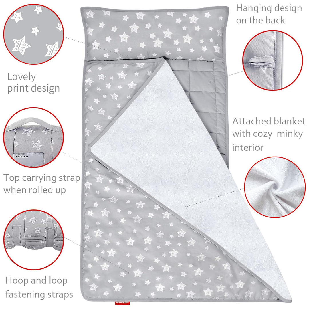 Toddler Nap Mat with Pillow and Fleece Minky Blanket, Lightweight, Soft Perfect for Kids Preschool, Daycare, Travel Sleeping Bag Boys and Girls, 21 x 50 Fit Standard Cot