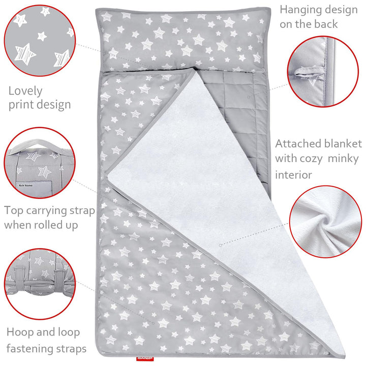 Toddler Nap Mat with Pillow and Fleece Minky Blanket, Lightweight, Soft Perfect for Kids Preschool, Daycare, Travel Sleeping Bag Boys and Girls, 21 x 50 Fit Standard Cot