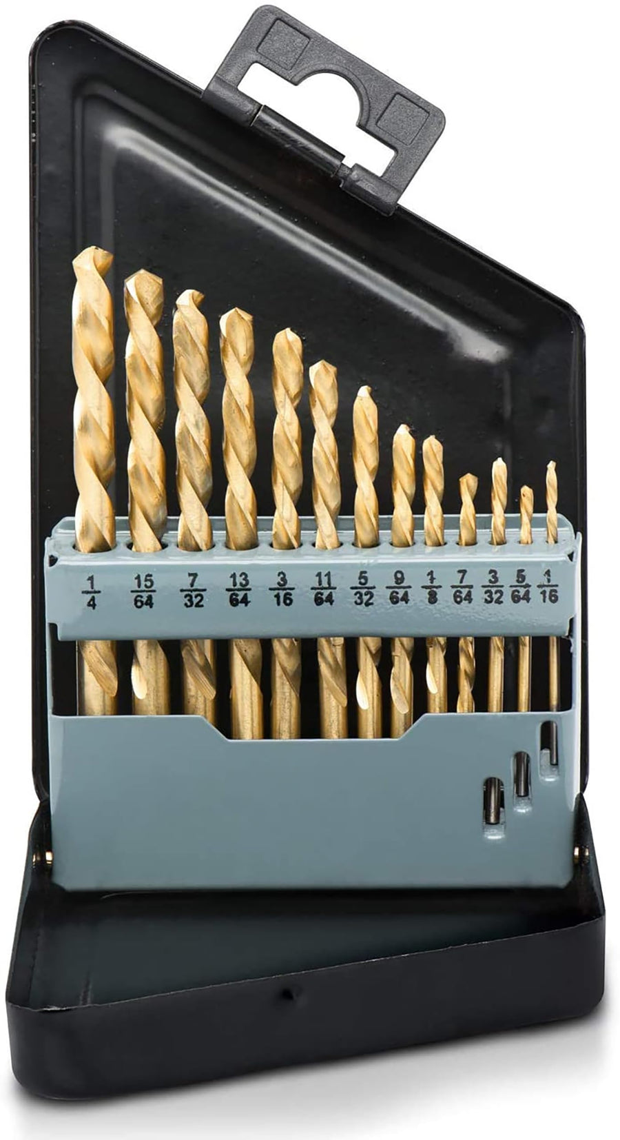 10038A Left-Hand Drill-Bit Set, High-Speed Steel Drills with Titanium Nitride Coating, Reverse-Twist Drill Bits, SAE Sizes, 13-Piece Set