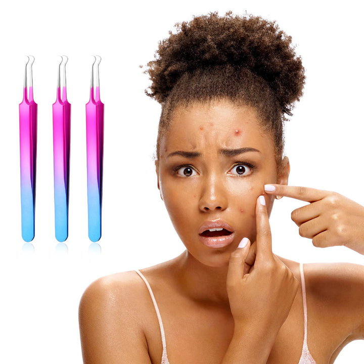 3 Pieces Blackhead Tweezers Acne Blemish Stainless Steel Blemish Extractor Tool for Remove Blackhead Acne Whitehead Pimple Bend Curved Tweezer Skin Blackhead Remover Tools (Rainbow Color)