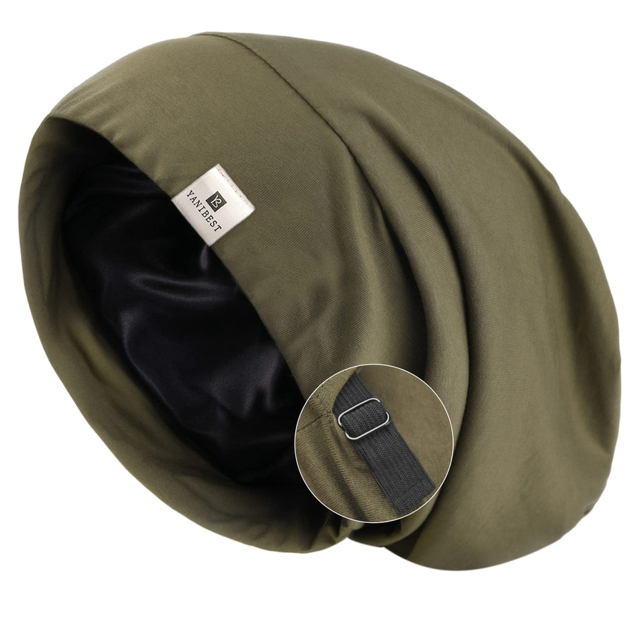 Silk Satin Bonnet Hair Cover Sleep Cap - Olive Green Adjustable Stay on Silk Lined Slouchy Beanie Hat for Night Sleeping