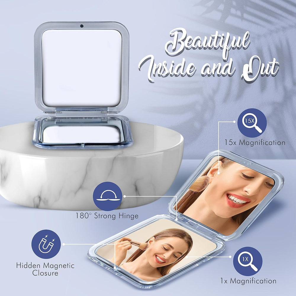 Small Compact 15X Magnifying Mirror for Travel - Handheld, Foldable & Lightweight - Mini Pocket-Sized Magnified Mirror for Purse - Square 3.3” x 3.3”