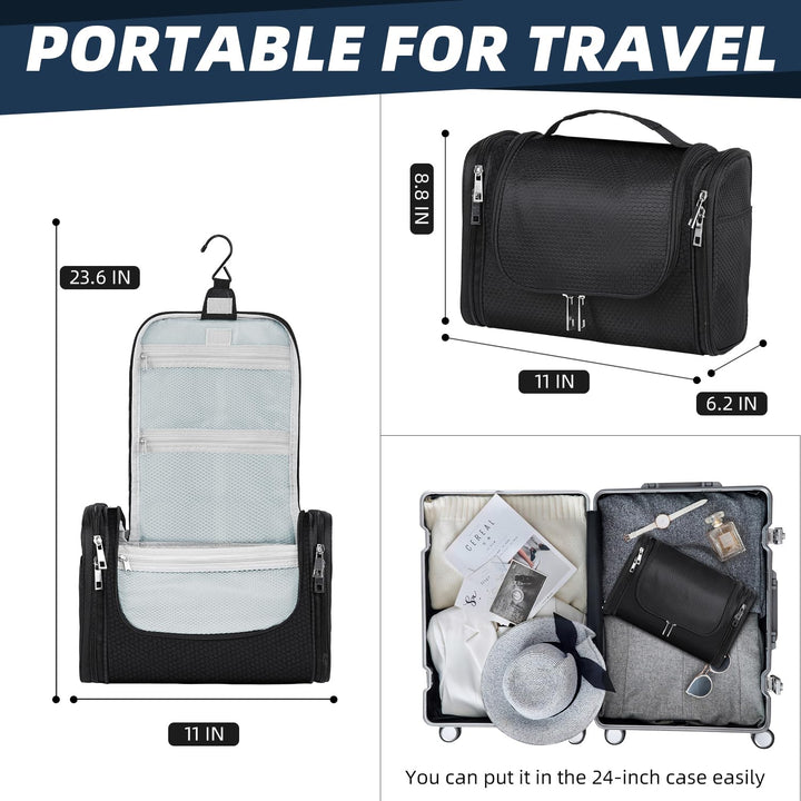 Large Capacity Toiletry Bag for Women and Men, Hanging Toiletry Organizer Cosmetics Makeup Bag, Water-resistant Dopp kit Shaving Bag for Full Sized Toiletries, Travel Essentials (Black)