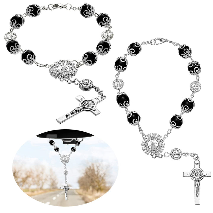Saint Benedict Car Rosary 2 Pcs Rearview Mirror Auto Rosary Hanging Personalized Car Cross Blessing Catholic Car Medal for Truck Bike Motorcycle Car Mirror Hanging Accessories Decors (Black)