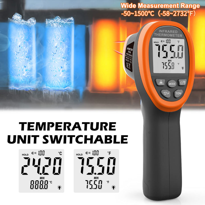 BT-1500 Pyrometer 30:1 Industrial Laser Thermometer Gun, -58 to 2732 Non Contact High Temp Infrared Thermometer Digital IR Temperature Gauge Orange(NOT for Human Temp Test)