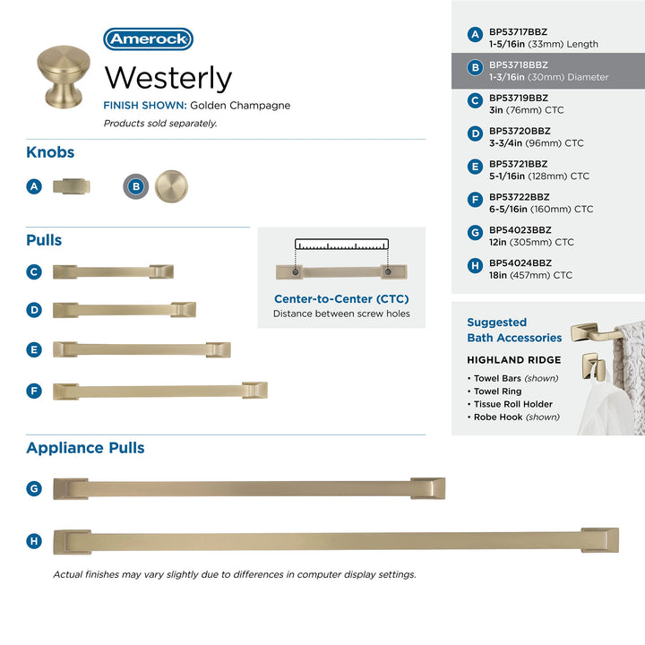 | Cabinet Knob | Golden Champagne | 1-3/16 inch (30 mm) Diameter | Westerly | 1 Pack | Drawer Knob | Cabinet Hardware