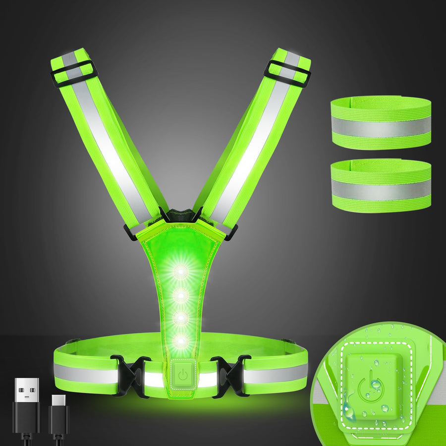 LED Reflective Vest USB Rechargeable Running Gear Night Light up Vest Safety Gear Adjustable Elastic Size Night Running LED VES for Men/Women/Child (Green)