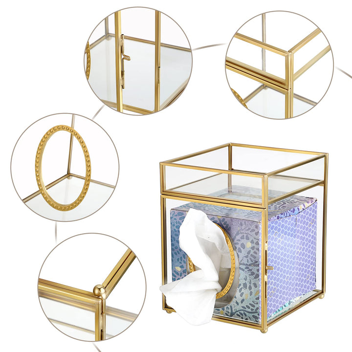 Clear Glass Square Tissue Box Cover - Decorative Cube Tissue Box Holder with Tray, Stylish Gold Facial Tissue Holder for Dresser Bathroom Bedroom Home Office Bar Restaurant Decor