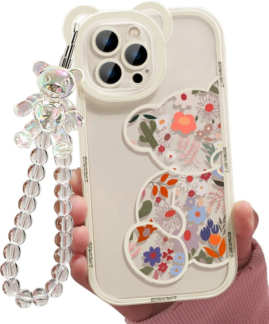 Compatible with iPhone 13 Pro Max Case, Cute Flowers Bear Camera Protector Clear Case with Lovely Strap Bracelet Chain Girls Women Case for iPhone 13 Pro Max