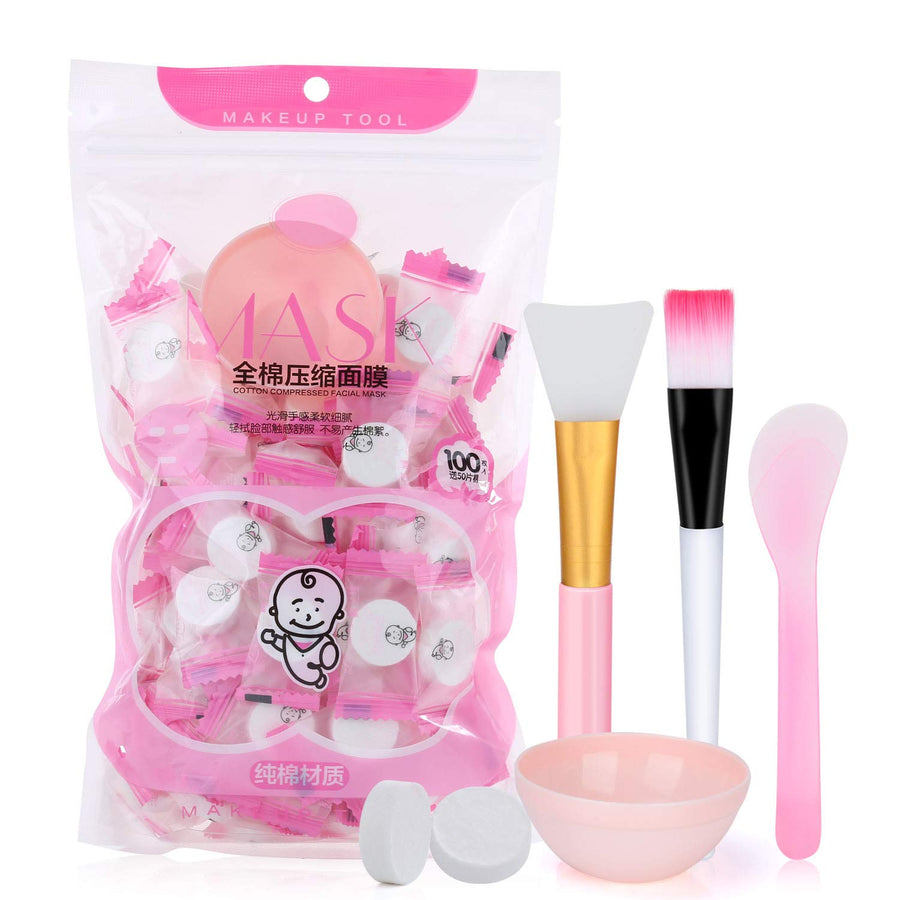 100 Pcs With Bowl, Stick And Brush: 100Pcs Compressed Facial Mask Cotton Face Mask Sheet Grain Skin Care Dry Sheet Mask Paper Diy Natural Face Cotton Mask Sheet, Get Free Of 1×Mas