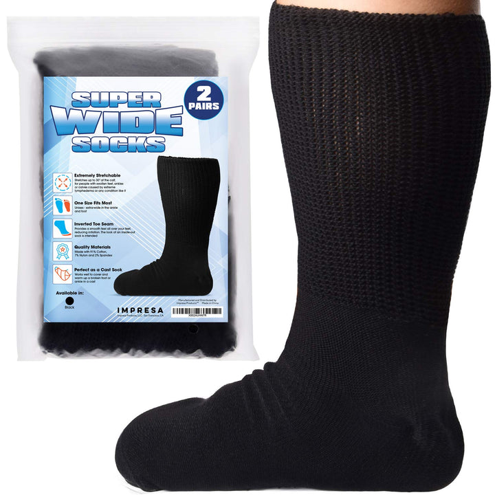 Extra Wide Socks for Men and Women - 2 Pairs - Ideal for Lymphedema, Swollen Feet, Legs, and Calves - Great as Bariatric Hospital Socks or Cast Socks - Stretches up to 30 Inches (Black)