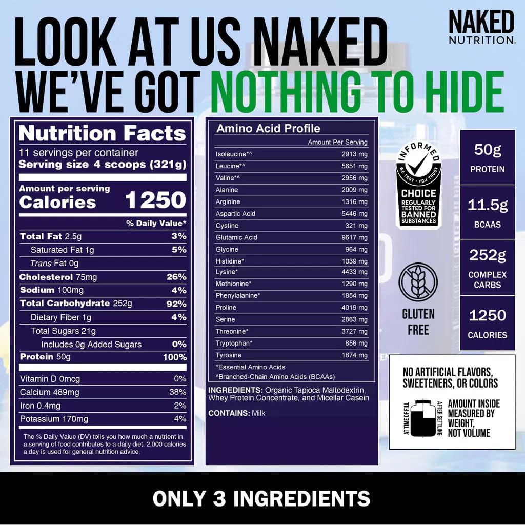 Naked Mass - Natural Weight Gainer Protein Powder - 8 LB Bulk, GMO Free, Gluten Free & Soy Free. No Artificial Ingredients - 1,250 Calories per Serving