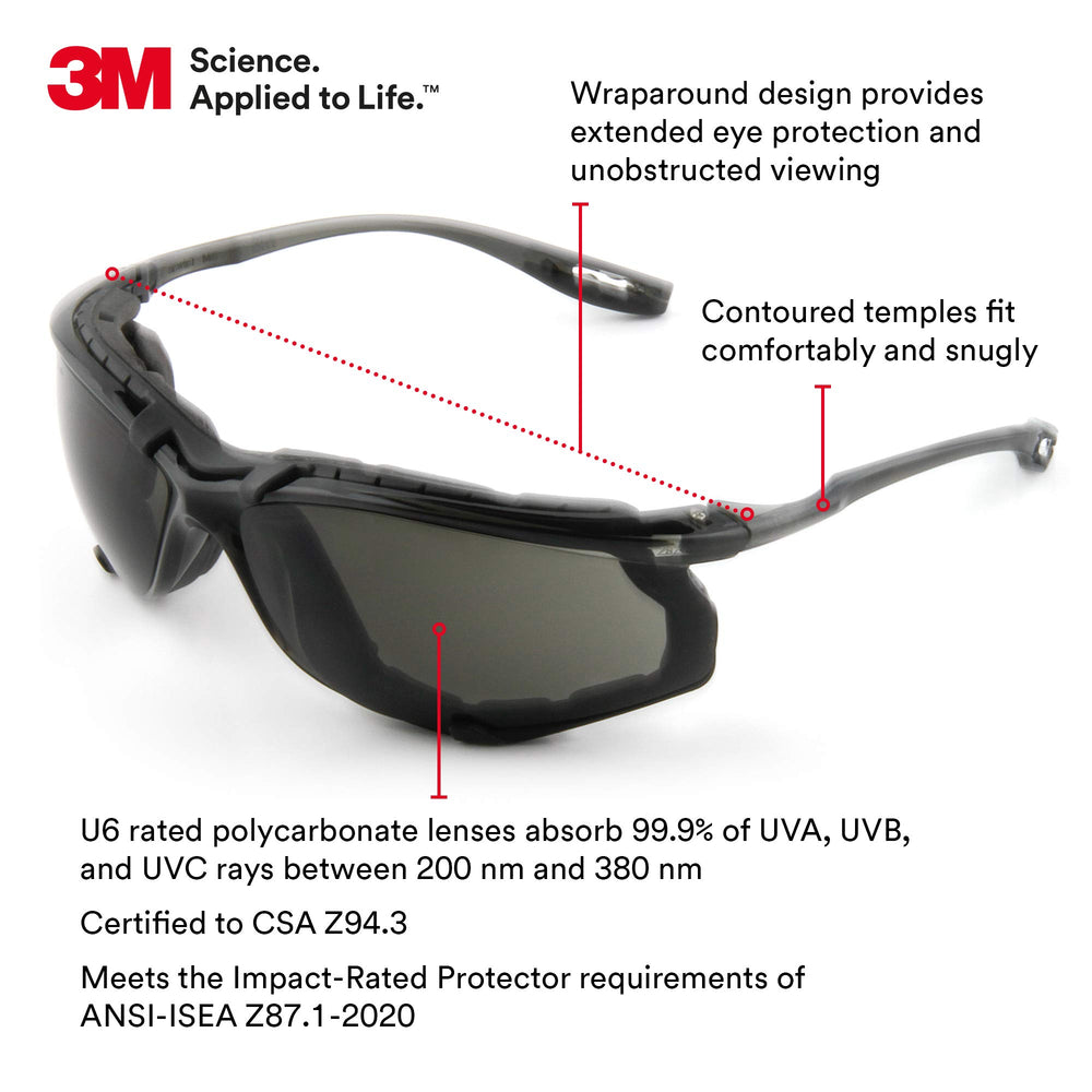 Safety Glasses 11873-00000-20, Virtua CCS, ANSI Z87, Anti-Fog, Gray Lens, Black Frame, Corded Ear Plug Control System, Removable Foam Gasket