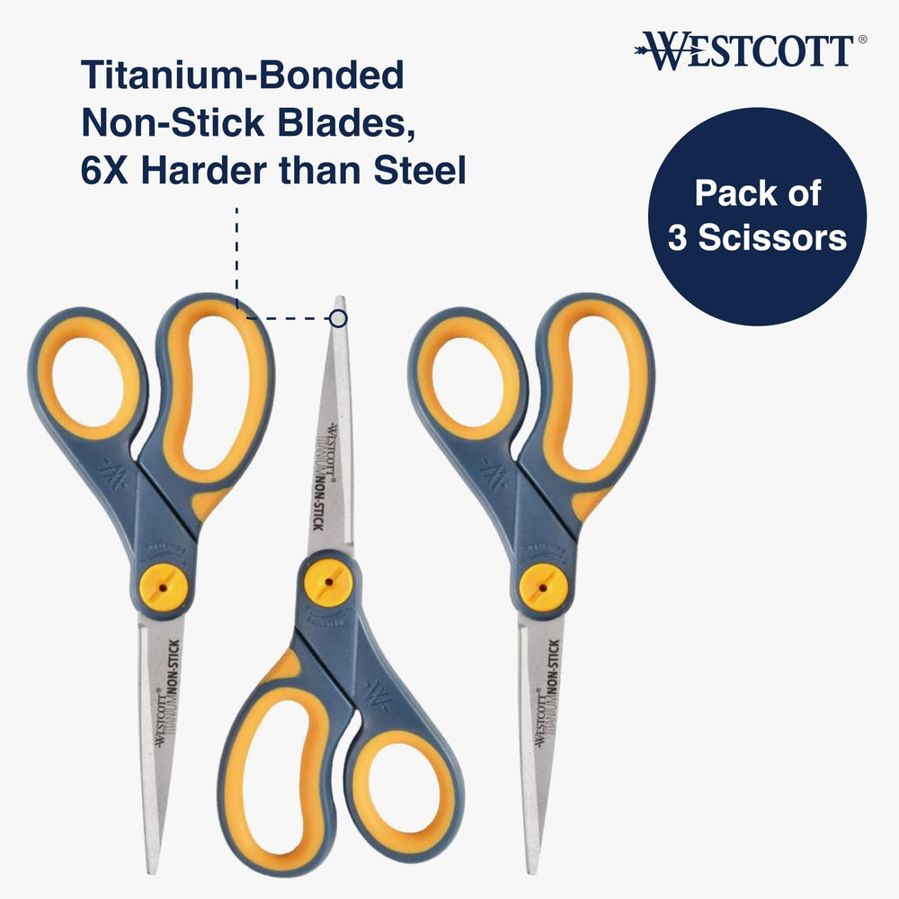 8 Titanium-Bonded Non-Stick Scissors For Office & Home, Gray/Yellow, 3 Pack (15454)