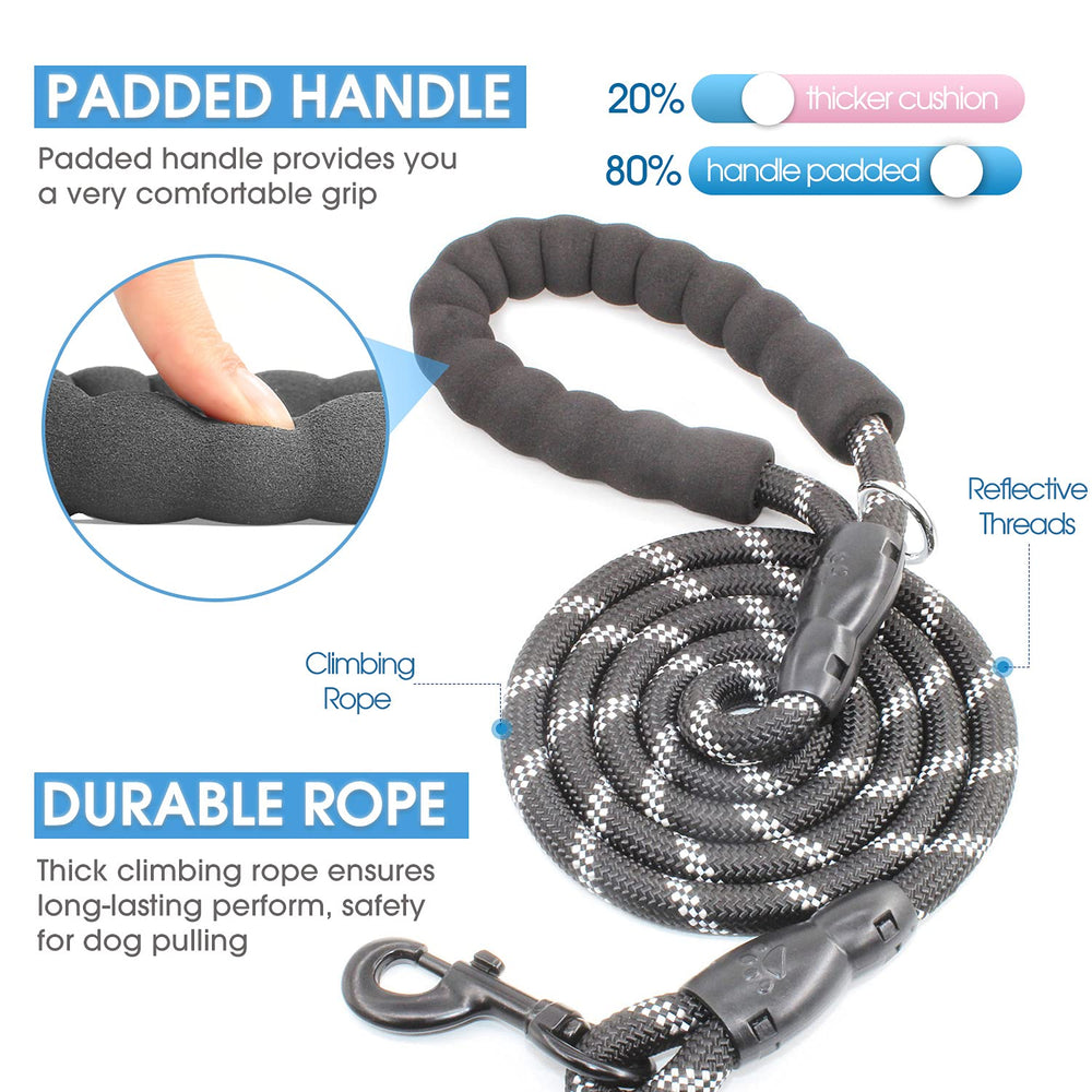 2/4/5/6 FT Dog Leash with Comfortable Padded Handle and Highly Reflective Threads for Small Medium and Large Dogs (6FT-1/2'', Black)
