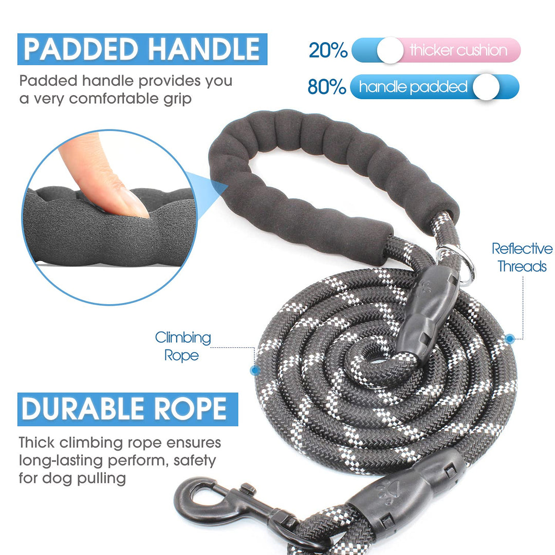 2/4/5/6 FT Dog Leash with Comfortable Padded Handle and Highly Reflective Threads for Small Medium and Large Dogs (6FT-1/2'', Black)