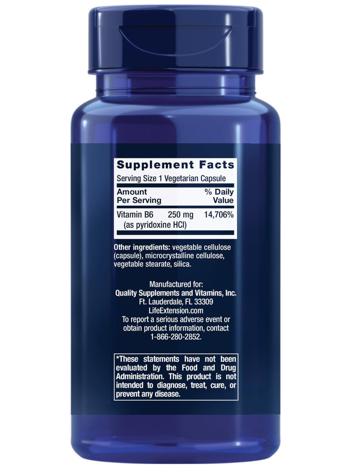 Vitamin B6, 250 mg, high Potency, Cardiovascular Health, neurological Health, Eye Health, Healthy Kidney Function, Gluten-Free, Non-GMO, Vegetarian, 100 Capsules