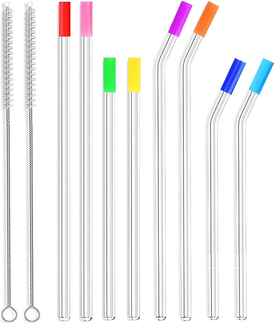 8-Pack Slim 7mm Glass Straws, Reusable Clear Drinking Straws for 20 oz 30 oz RTIC/YETI Tumblers, Tervis, Starbucks Cups, Mason Jars with 2 Cleaning Brush & 8 Silicone Tips