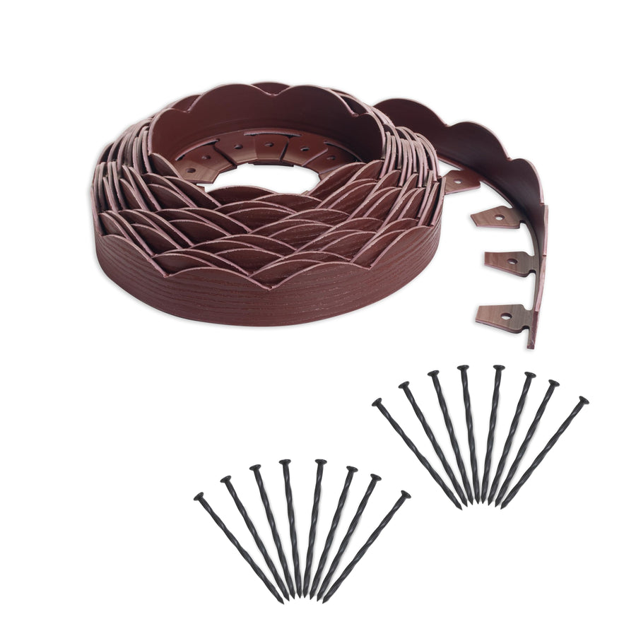 EasyFlex Decorative No-Dig Landscape Edging with Anchoring Spikes, 2.5 in. Tall Scalloped Top Garden Border with Woodgrain Texture, 40 Foot Kit, Red (3210RDE-40C)