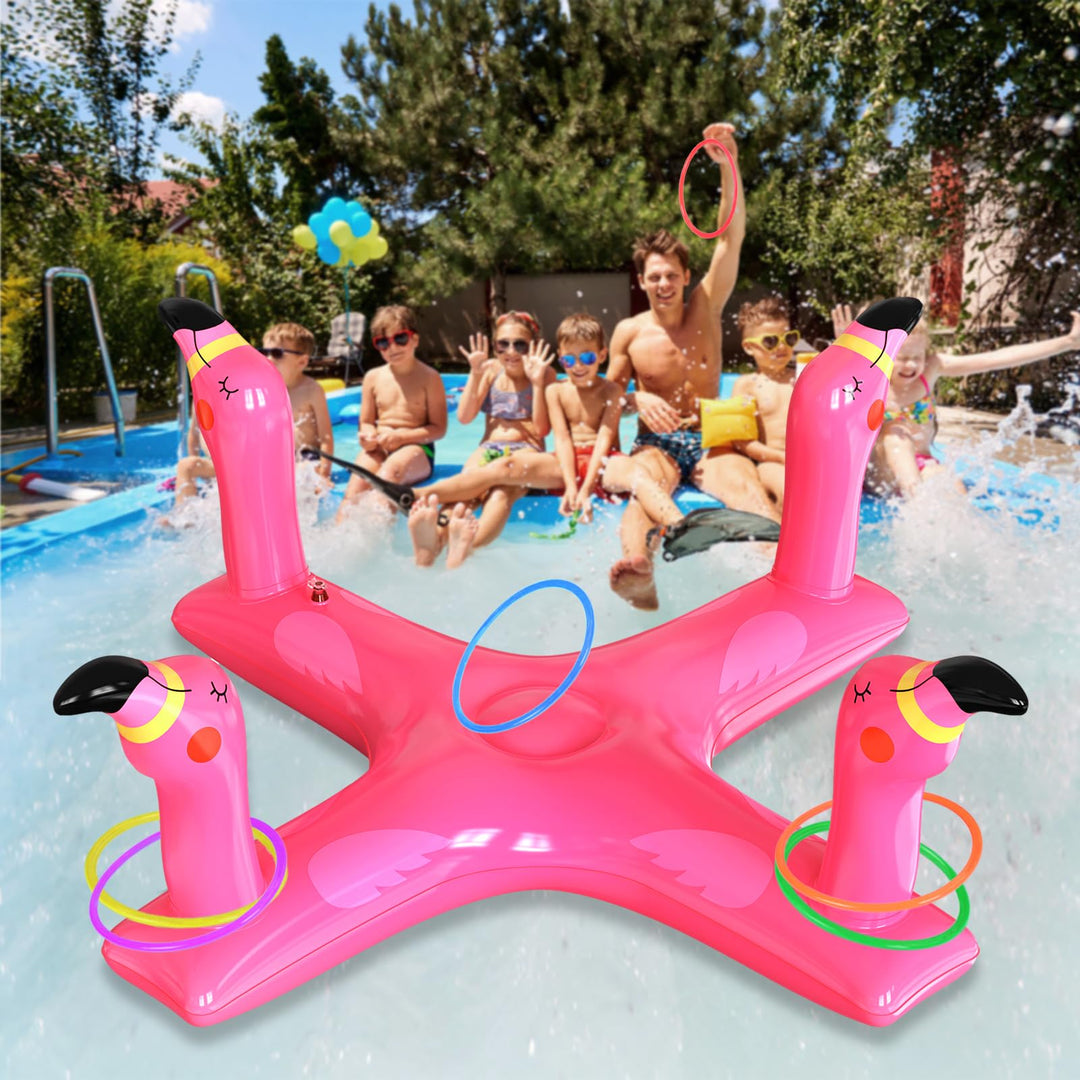 Pool Toys Inflatable Pool Ring Toss Games with 6 Rings, Flamingo Shark Pool Ring Toss Game Summer Pool Toys Party Games for Kids and Adults