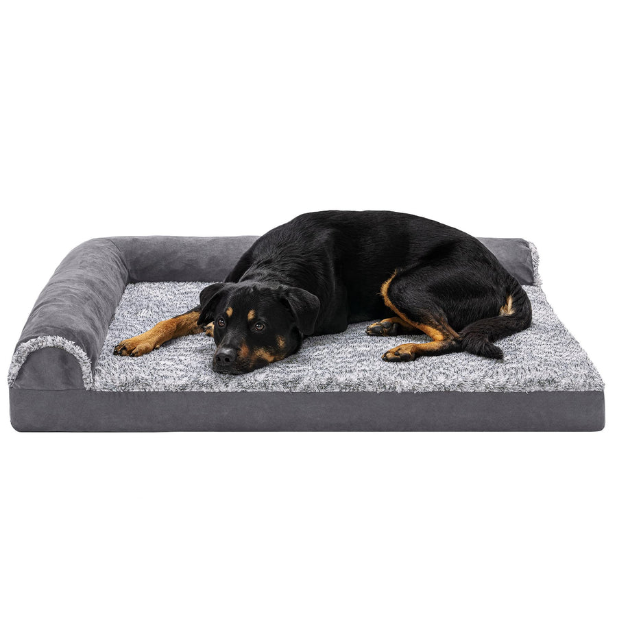 Orthopedic Dog Bed for Large Dogs w/ Removable Bolsters & Washable Cover, For Dogs Up to 95 lbs - Two-Tone Plush Faux Fur & Suede L Shaped Chaise - Stone Gray, Jumbo/XL